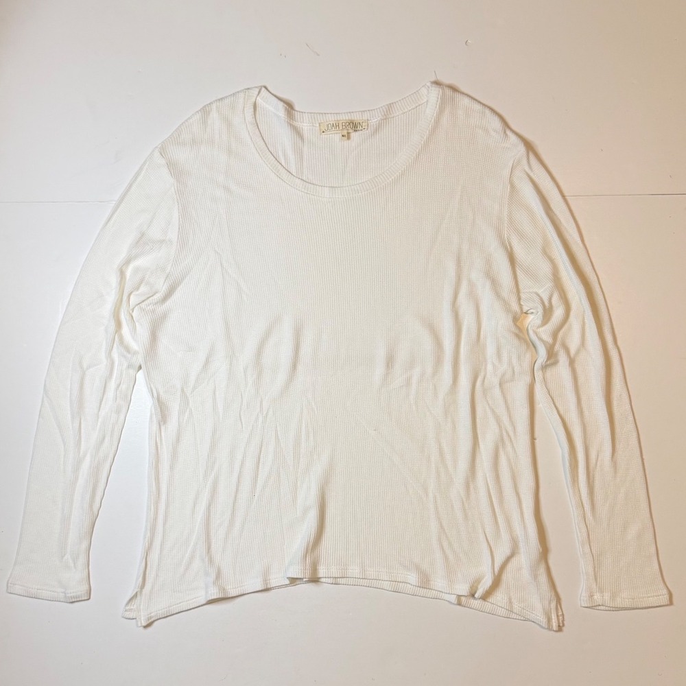 Joah Brown Ribbed Waffle Knit Long Sleeve Womens M/L White Thermal Made in USA